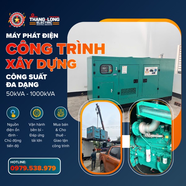 Máy phát điện công trình vỏ chống ồn màu xanh, công suất 50–1000kVA, kèm hình ảnh vận chuyển lắp đặt và động cơ máy.