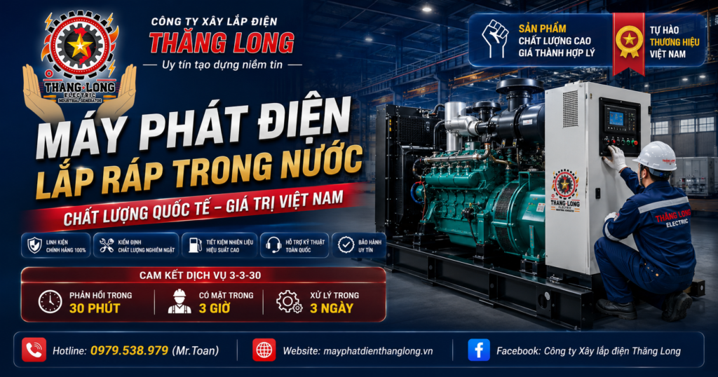 Máy phát điện lắp ráp trong nước của Xây lắp điện Thăng Long với kỹ thuật viên kiểm tra hệ thống máy phát điện công nghiệp trong nhà máy hiện đại.