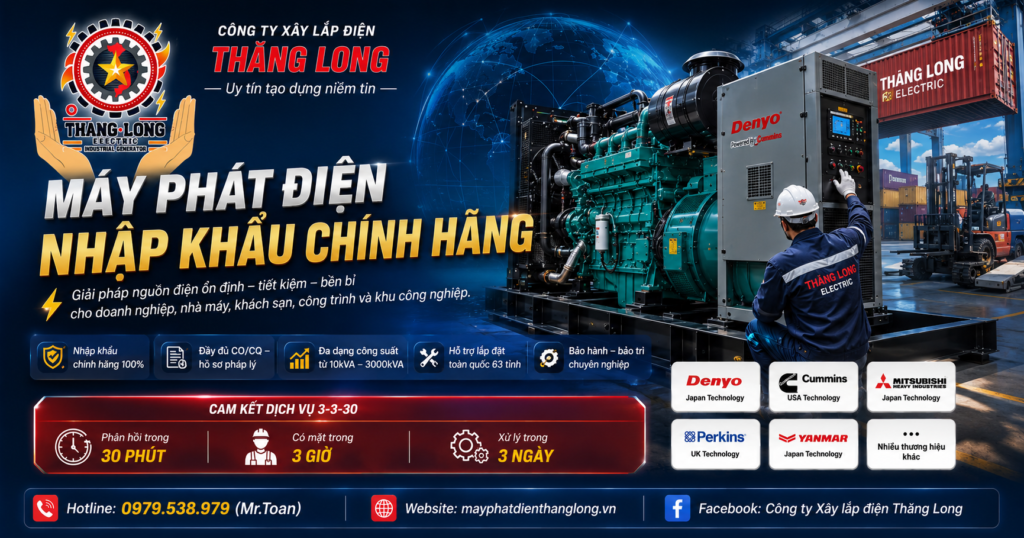 Hình ảnh máy phát điện nhập khẩu chính hãng Denyo, Cummins, Mitsubishi tại Xây lắp điện Thăng Long. Đa dạng công suất từ 10kVA – 3000kVA, hỗ trợ lắp đặt và bảo trì toàn quốc.