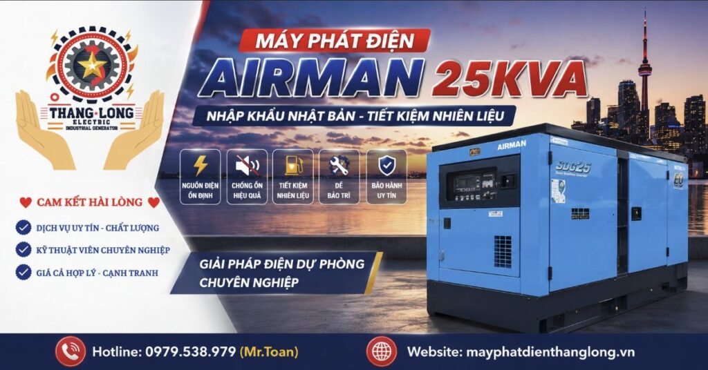 Máy phát điện AIRMAN 25kVA nhập khẩu Nhật Bản, chống ồn hiệu quả, vận hành ổn định và tiết kiệm nhiên liệu. Phù hợp cho gia đình, văn phòng, quán café và công trình nhỏ.