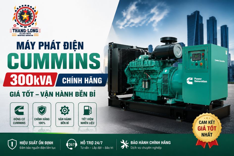 Máy phát điện Cummins 300kVA chính hãng tại Xây lắp điện Thăng Long – giải pháp nguồn điện ổn định cho nhà xưởng, công trình, khách sạn và doanh nghiệp. Động cơ Cummins mạnh mẽ, tiết kiệm nhiên liệu, vận hành bền bỉ, hỗ trợ lắp đặt và bảo hành chuyên nghiệp toàn quốc.