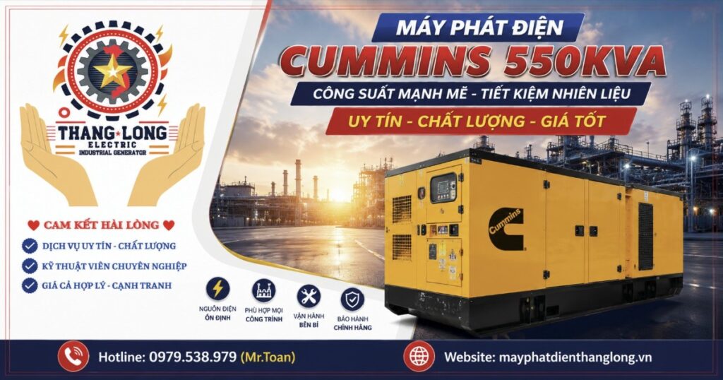Máy phát điện Cummins 550kVA công suất lớn, vận hành ổn định, tiết kiệm nhiên liệu, phù hợp cho nhà máy, bệnh viện, khách sạn và khu công nghiệp. Cung cấp chính hãng bởi Xây lắp điện Thăng Long.