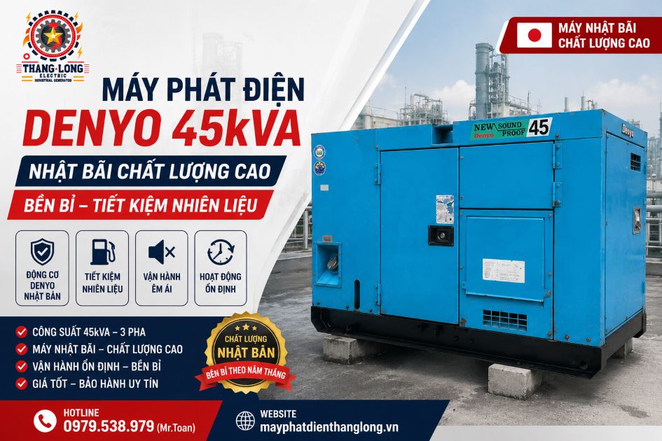 Máy phát điện Denyo 45kVA Nhật bãi chất lượng cao tại Xây lắp điện Thăng Long. Vận hành ổn định, tiết kiệm nhiên liệu, độ ồn thấp, phù hợp cho nhà xưởng, cửa hàng, công trình và hệ thống điện dự phòng doanh nghiệp.