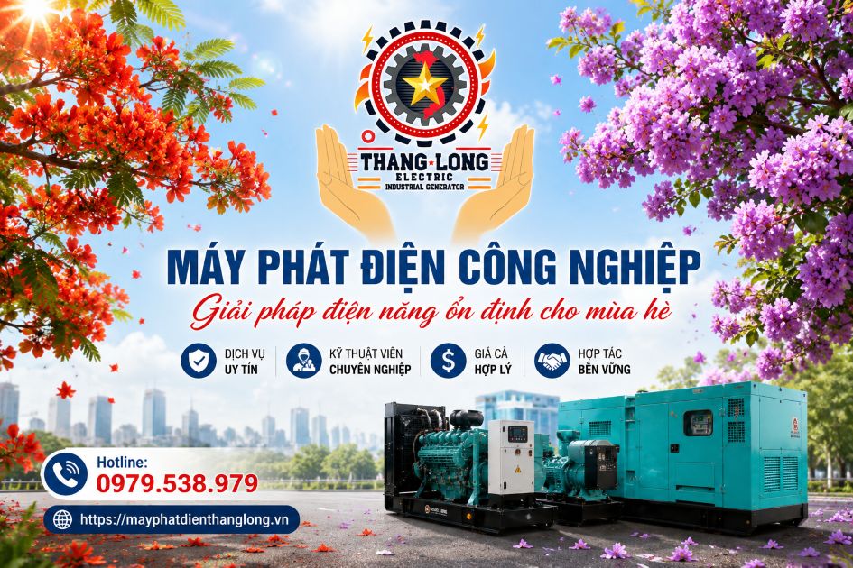 Hình ảnh máy phát điện công nghiệp mùa hè với hoa phượng đỏ và hoa bằng lăng tím, giải pháp điện dự phòng ổn định cho doanh nghiệp mùa nắng nóng.