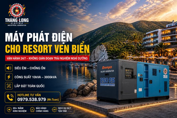 Máy phát điện cho resort ven biển Denyo vận hành êm ái, cung cấp điện ổn định 24/7 cho khu nghỉ dưỡng cao cấp