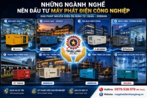 Infographic các ngành nghề nên đầu tư máy phát điện công nghiệp với các thương hiệu Cummins, Denyo, Mitsubishi, Perkins, Yuchai, Doosan và Airman của Xây lắp điện Thăng Long.