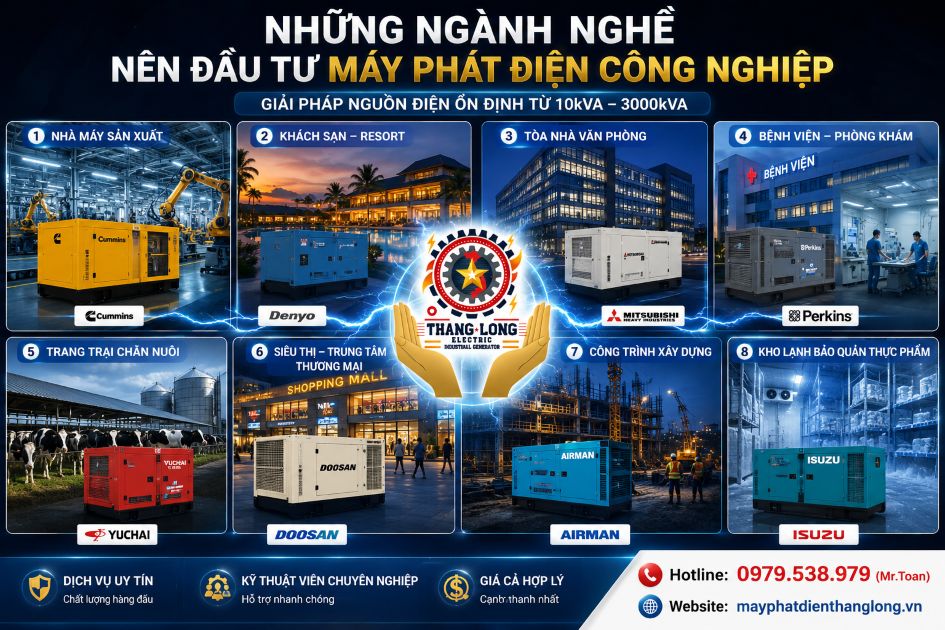 Infographic các ngành nghề nên đầu tư máy phát điện công nghiệp với các thương hiệu Cummins, Denyo, Mitsubishi, Perkins, Yuchai, Doosan và Airman của Xây lắp điện Thăng Long.
