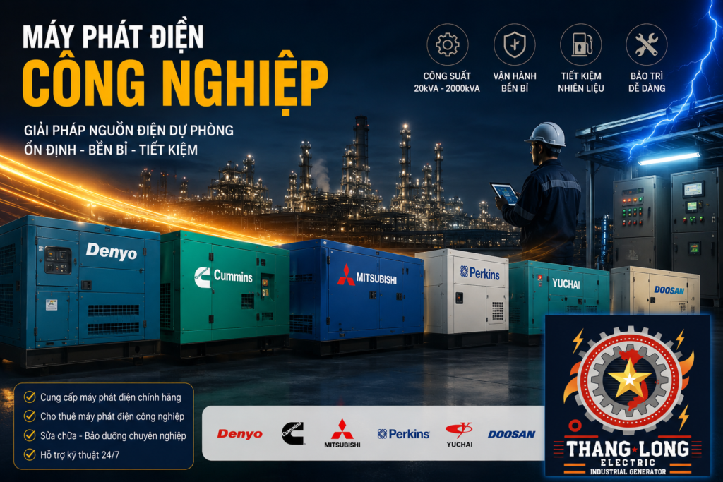 Máy phát điện công nghiệp Denyo, Cummins, Mitsubishi, Perkins, Yuchai, Doosan cùng logo Xây lắp điện Thăng Long