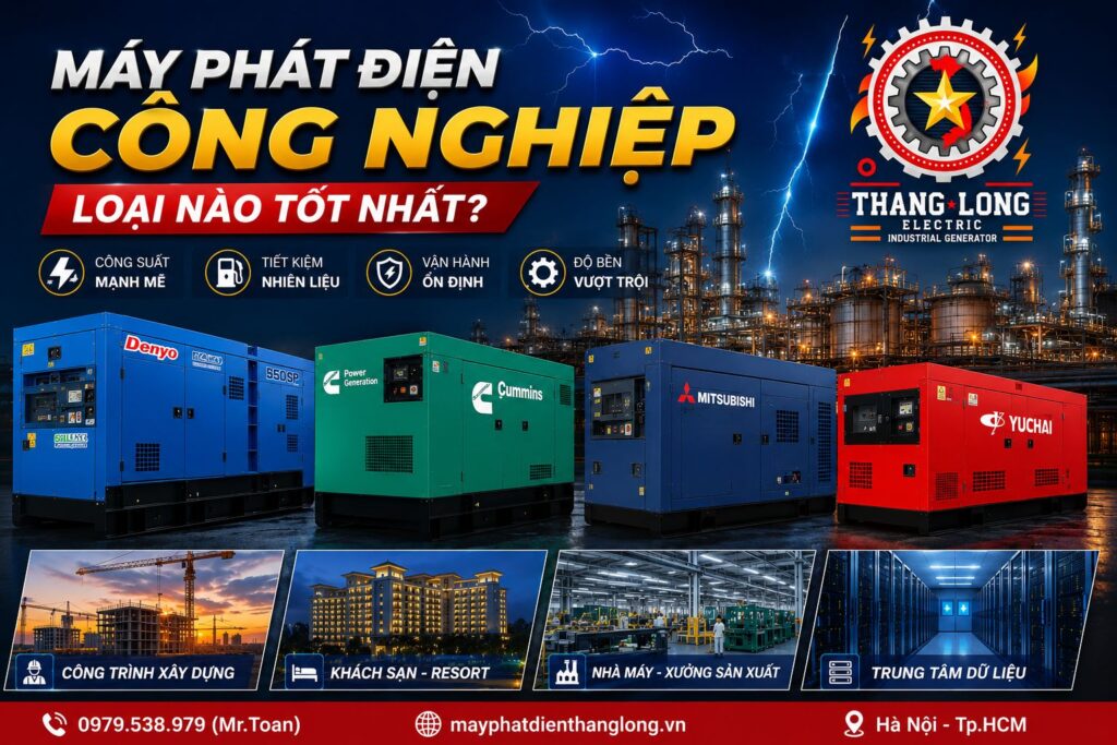 Máy phát điện tốt nhất hiện nay gồm các dòng Denyo, Cummins, Mitsubishi và Yuchai dành cho nhà xưởng, khách sạn, công trình và doanh nghiệp cần nguồn điện ổn định.