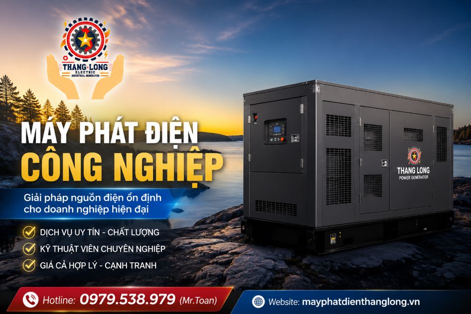 Máy phát điện công nghiệp Thăng Long đặt bên khung cảnh bình minh ven hồ, thể hiện giải pháp điện dự phòng ổn định cho doanh nghiệp.