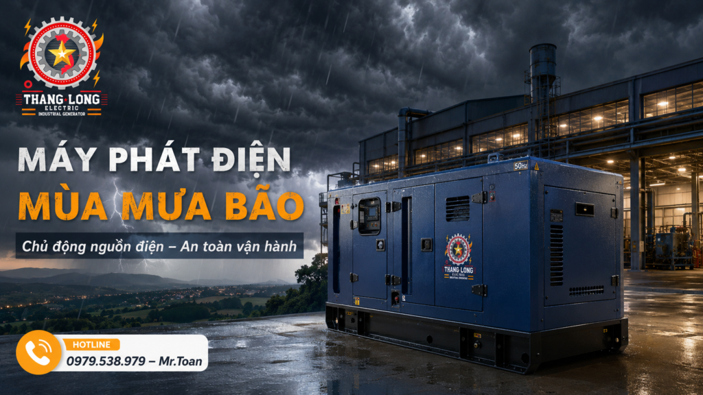 Hình ảnh máy phát điện công nghiệp đặt trước nhà xưởng trong điều kiện mưa giông, minh họa giải pháp chủ động nguồn điện mùa mưa bão cho doanh nghiệp.