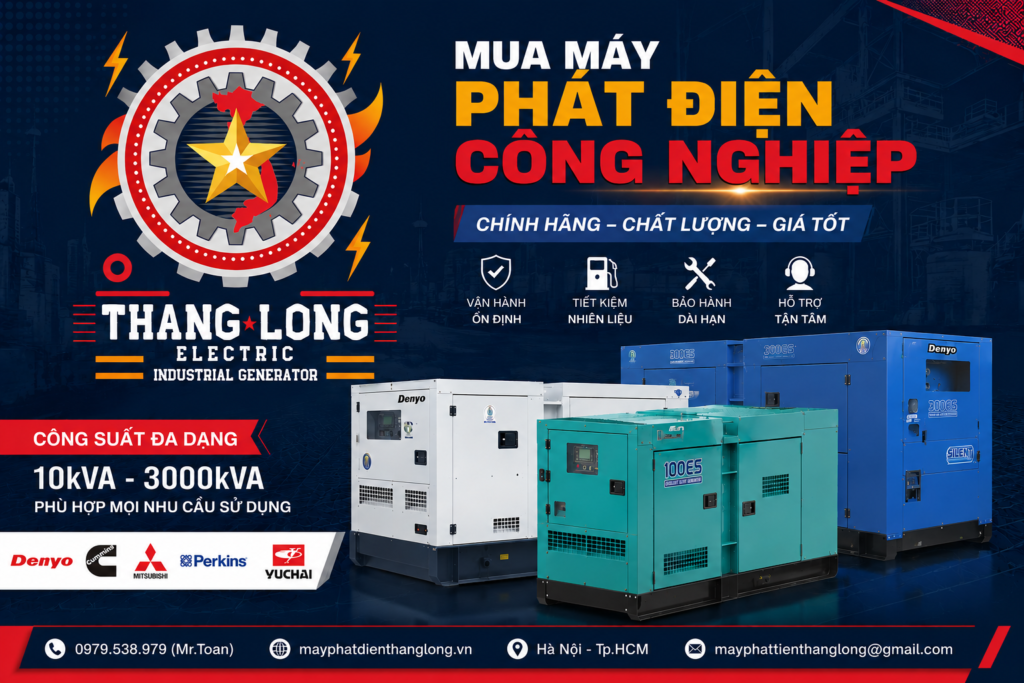 Mua máy phát điện công nghiệp chính hãng tại Xây lắp điện Thăng Long với các thương hiệu Denyo, Mitsubishi, Perkins và Yuchai.