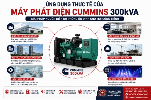 Infographic ứng dụng thực tế của máy phát điện Cummins 300kVA trong nhà máy, bệnh viện, khách sạn, công trình xây dựng và trung tâm hội nghị. Giải pháp nguồn điện dự phòng ổn định, tiết kiệm nhiên liệu và vận hành bền bỉ từ Xây lắp điện Thăng Long.