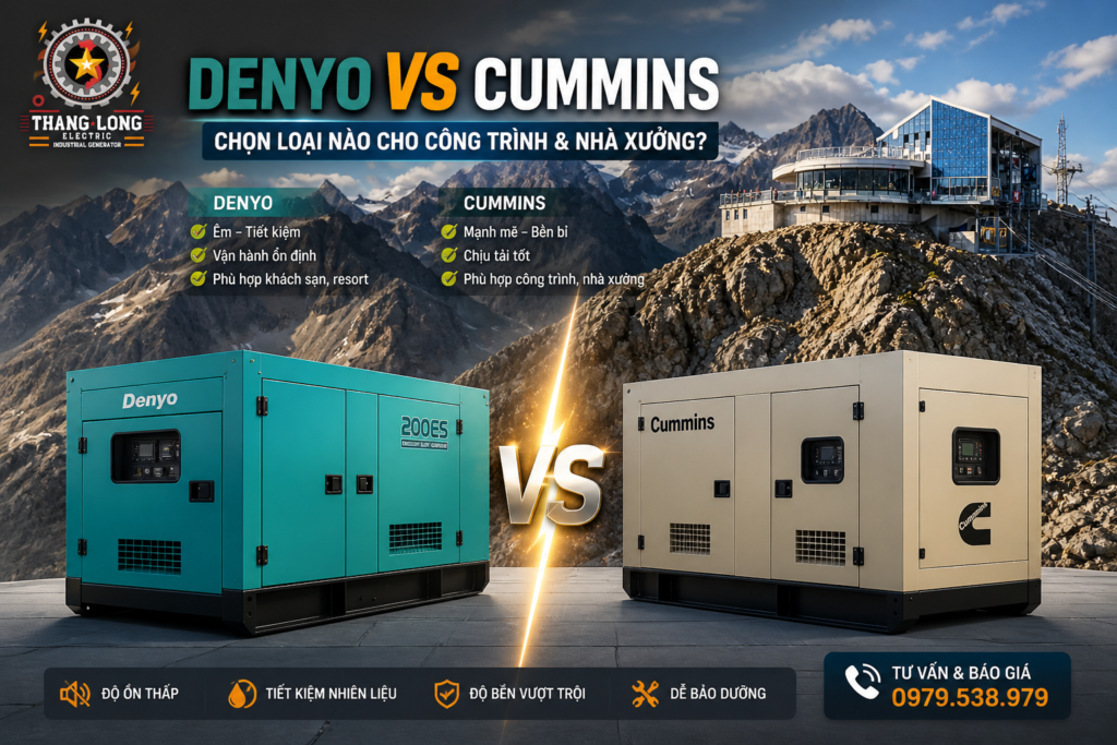 So sánh máy phát điện Denyo và Cummins chi tiết, giúp chọn máy phát điện phù hợp cho công trình, nhà xưởng và khách sạn