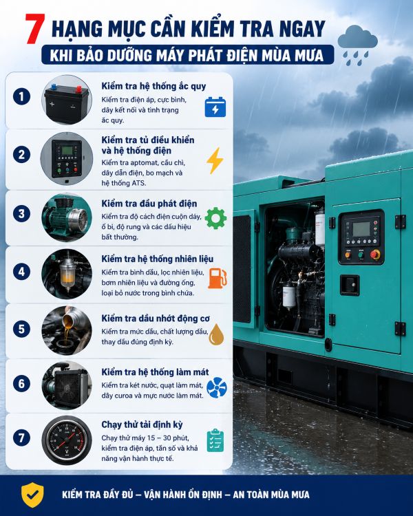 Infographic 7 hạng mục cần kiểm tra khi bảo dưỡng máy phát điện mùa mưa gồm ắc quy, hệ thống điện, đầu phát điện, nhiên liệu, dầu nhớt, hệ thống làm mát và chạy thử tải định kỳ.