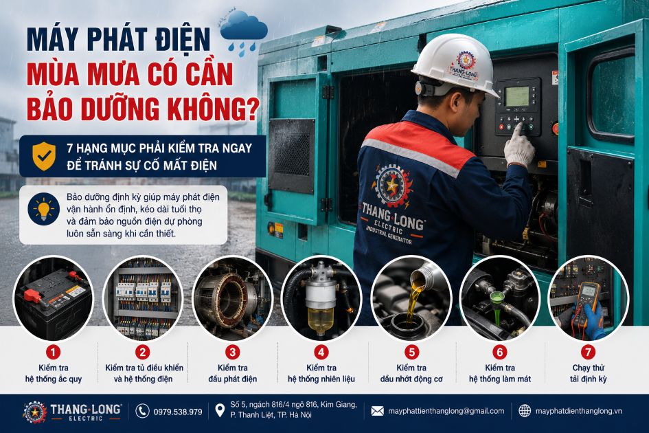 Kỹ thuật viên kiểm tra và bảo dưỡng máy phát điện công nghiệp trong mùa mưa, kiểm tra ắc quy, hệ thống điện, nhiên liệu và dầu nhớt nhằm đảm bảo nguồn điện dự phòng hoạt động ổn định.