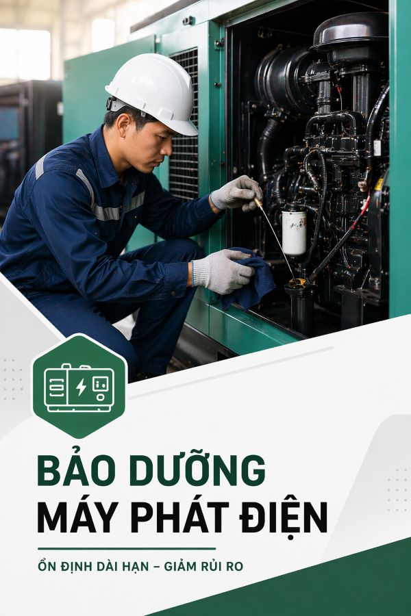 Kỹ thuật viên kiểm tra và bảo dưỡng máy phát điện công nghiệp trong mùa mưa, kiểm tra ắc quy, hệ thống điện, nhiên liệu và dầu nhớt nhằm đảm bảo nguồn điện dự phòng hoạt động ổn định.