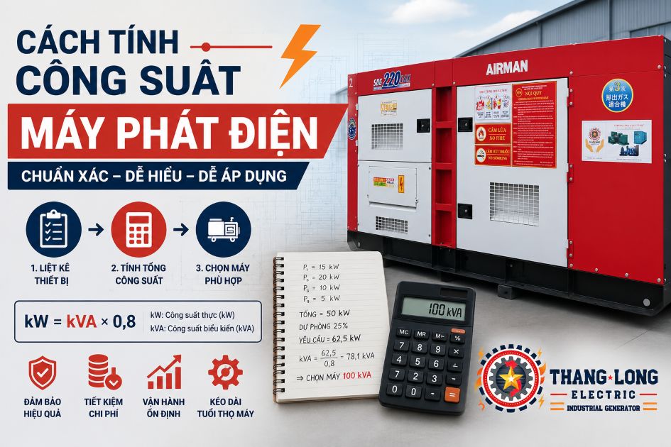 Hướng dẫn cách tính công suất máy phát điện bằng công thức kW và kVA, giúp lựa chọn máy phát điện phù hợp cho gia đình và doanh nghiệp.