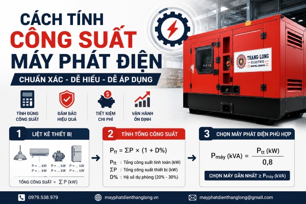 Hướng dẫn cách tính công suất máy phát điện bằng công thức kW và kVA giúp lựa chọn máy phát điện phù hợp cho doanh nghiệp và nhà xưởng.