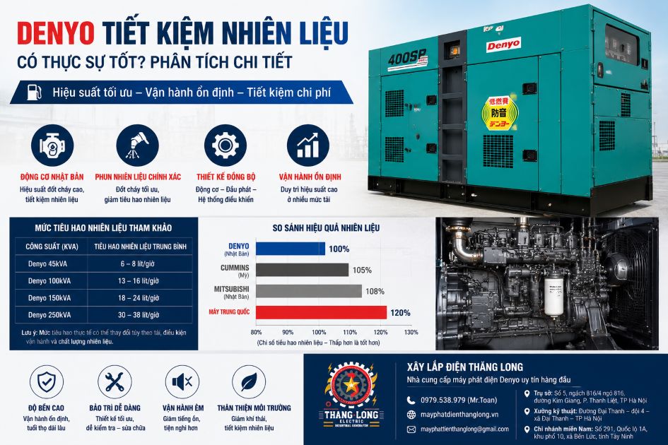 Denyo tiết kiệm nhiên liệu nhờ động cơ Nhật Bản chất lượng cao, hệ thống phun nhiên liệu chính xác và khả năng vận hành ổn định ở nhiều mức tải khác nhau.