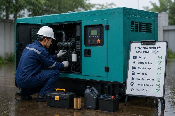 Kỹ thuật viên kiểm tra và bảo dưỡng máy phát điện công nghiệp trong điều kiện mùa mưa nhằm đảm bảo thiết bị vận hành ổn định và an toàn.