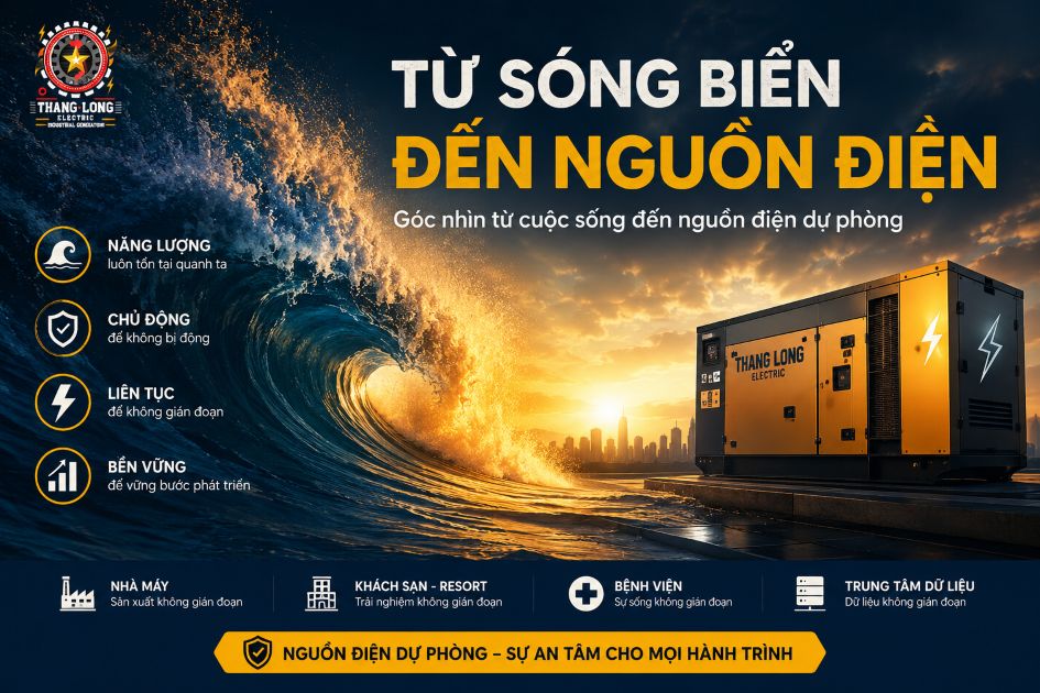 Nguồn điện dự phòng Thăng Long Electric lấy cảm hứng từ sức mạnh của sóng biển và năng lượng tự nhiên, giải pháp duy trì hoạt động liên tục cho doanh nghiệp.